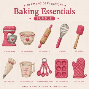 Könnte beinhalten: Illustration von 10 Stickmustern für Backutensilien. Die Designs umfassen einen Standmixer, eine Rührschüssel, eine Teigrolle, einen Schneebesen, einen Spatel, einen Spritzbeutel, einen Messbecher, Messlöffel, eine Muffinform und einen Ofenhandschuh. Der Text lautet "Baking Essentials Bundle."