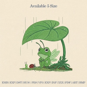 May include: An embroidered design featuring a green frog with fairy wings sitting under a large leaf, sheltering from the rain. A caterpillar and ladybug are also present. The text "Available 5 Size" is at the top.