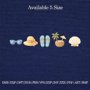May include: A navy blue background with embroidered beach-themed icons. Includes sunglasses, a sun hat with a bow, flip-flops, a coconut drink with a palm tree and umbrella, and a seashell. Text at the top says "Available 5 Size".