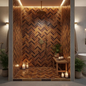 Puede incluir: Una lujosa ducha con un diseño de baldosas en espiga en tonos marrones y naranjas. La ducha cuenta con una alcachofa de ducha de lluvia, un banco de madera y plantas en macetas, creando un ambiente de spa. Las velas añaden un brillo cálido.