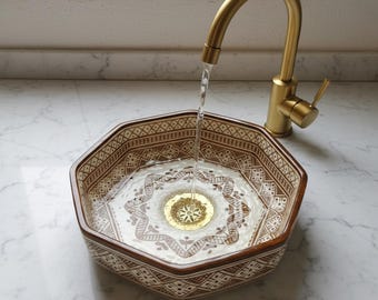 Handmade Moroccan Octagonal Ceramic Sink Gold Brown Henna Pattern Hand Painted Bathroom Basin Fez Artisan Countertop Luxury