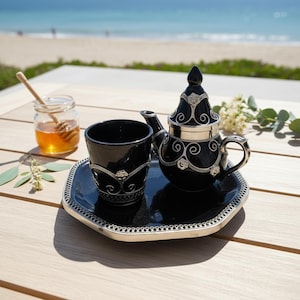 Moroccan Black Metal Tea Coffee Set - Traditional Silver Embellished Serving Tray Pot Cup - Home Decor Gift