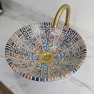 Lavabo de cerámica marroquí hecho a mano, arabesco multicolor, pintado a mano, lavabo de baño, artesano de Fez, de lujo para instalación bajo encimera.