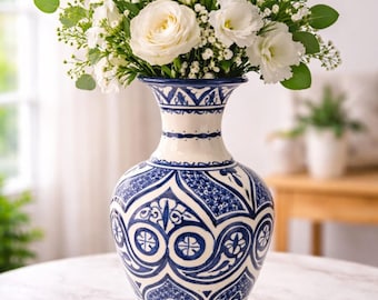 モロッコ　フェズの花入　花瓶　陶器製 フェズで作られたモロッコの陶器の花瓶。ハンドメイドで手描きされてい