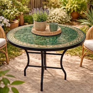 Moroccan Mosaic Table – Handcrafted Zellige Tile Table in Green and Beige