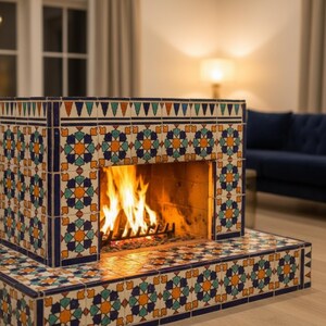 Peut inclure: Cheminée ornée de carreaux décoratifs bleus, oranges et turquoise. Un feu brûle à l'intérieur. Le motif des carreaux présente des motifs géométriques en forme d'étoiles et de triangles. La cheminée est dans un salon.