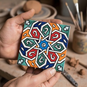 Azulejos de cerámica zellige marroquíes pintados a mano: arte geométrico colorido para pared, juego de azulejos decorativos estilo Fez