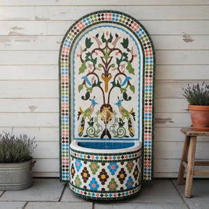 以下が含まれることがあります： アーチ型のモザイク壁泉。中央には鳥と花の要素を持つ木の模様が描かれています。泉は青い内装の洗面器と、さまざまな色の装飾的な模様のボーダーがあります。背景は白い木の壁です。