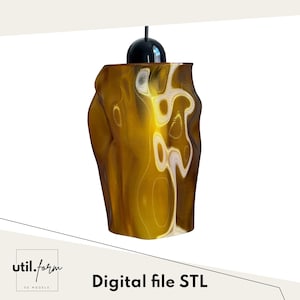 Puede incluir: Una lámpara colgante con una forma orgánica única. La pantalla es de color ámbar translúcido con vetas blancas, suspendida de un accesorio negro. El texto "Digital file STL" se muestra debajo.