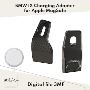 May include: A black BMW iX charging adapter for Apple MagSafe, with a white circular MagSafe charger. The image includes the text "BMW iX Charging Adapter for Apple MagSafe" and "Digital file 3MF".