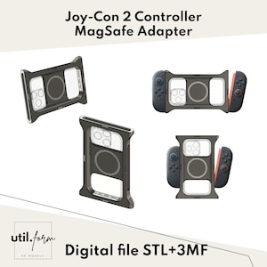 Puede incluir: Un archivo digital que muestra un adaptador MagSafe para el mando Joy-Con 2. La imagen presenta varias vistas del adaptador, con un marco gris oscuro, un área MagSafe circular y una sección transparente para el teléfono. El texto "Digital file STL+3MF" también es visible.
