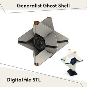 May include: A geometric, silver-colored Generalist Ghost Shell with orange accents and a black center. A smaller, white version with a blue center is also shown. The text "Generalist Ghost Shell" and "Digital file STL" are displayed.