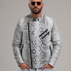 Herr Naturfärgad Python-mönstrad Biker-/Motorcykeljacka Alla Storlekar