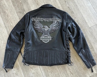 Harley Davidson SKYWARD Embroidered Eagle Leather Jacket Black Motorcycle Jacket Genuine Cowhide Leather Streetwear Best Gift For Riders