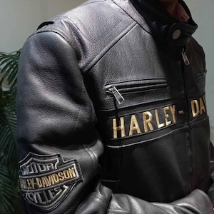 Può includere: Giacca da moto in pelle nera con la scritta "HARLEY-DAVIDSON" ricamata in oro sul petto. Presenta una chiusura con zip, diverse tasche e una toppa Harley-Davidson sulla manica. La giacca ha un design trapuntato su spalle e maniche.
