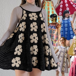 May include: A black crochet dress with a floral pattern in a cream color. The dress has a scoop neckline and spaghetti straps. The image also shows other crochet dresses in various colors, including red, blue, and green. The brand name "hedvig & ingrid" is visible.