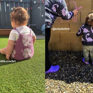 May include: A child wearing a purple crocheted romper with a white bear design, sitting on green grass. The text "@tiny.robin.crochet" is visible. Another image shows a child wearing a dark gray sweater with purple dinosaur designs.