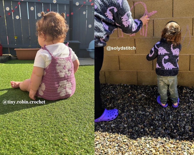 May include: A child wearing a purple crocheted romper with a white bear design, sitting on green grass. The text "@tiny.robin.crochet" is visible. Another image shows a child wearing a dark gray sweater with purple dinosaur designs.