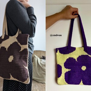 Puede incluir: Bolso tote de ganchillo con un gran dise&ntilde;o floral. El bolso est&aacute; disponible en dos combinaciones de colores: marr&oacute;n y crema, y morado y amarillo. Tiene asas largas para llevar al hombro.