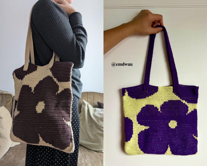Puede incluir: Bolso tote de ganchillo con un gran dise&ntilde;o floral. El bolso est&aacute; disponible en dos combinaciones de colores: marr&oacute;n y crema, y morado y amarillo. Tiene asas largas para llevar al hombro.