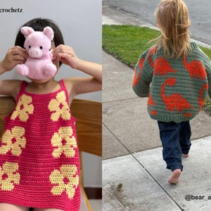 May include: A pink crocheted dress with yellow flower appliques and a matching pink stuffed pig. The dress has a sleeveless design. A green crocheted sweater with orange dinosaur appliques is also shown.