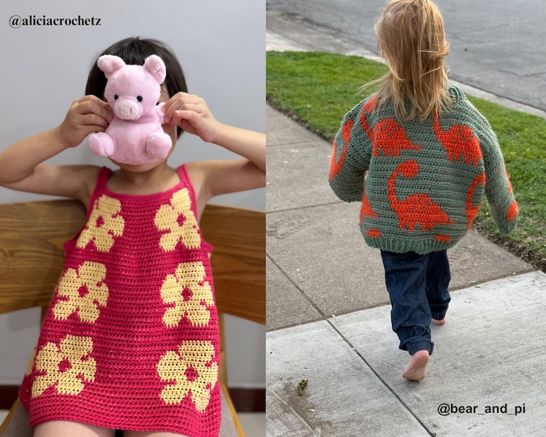 May include: A pink crocheted dress with yellow flower appliques and a matching pink stuffed pig. The dress has a sleeveless design. A green crocheted sweater with orange dinosaur appliques is also shown.