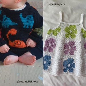 May include: A black crochet sweater with colorful dinosaur designs in orange, blue, and red. The sweater is paired with navy blue pants. A white crochet top with flower designs in green, purple, and blue is also shown.