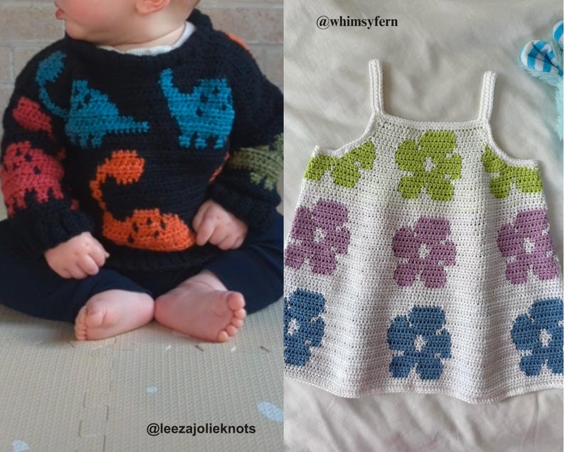 May include: A black crochet sweater with colorful dinosaur designs in orange, blue, and red. The sweater is paired with navy blue pants. A white crochet top with flower designs in green, purple, and blue is also shown.