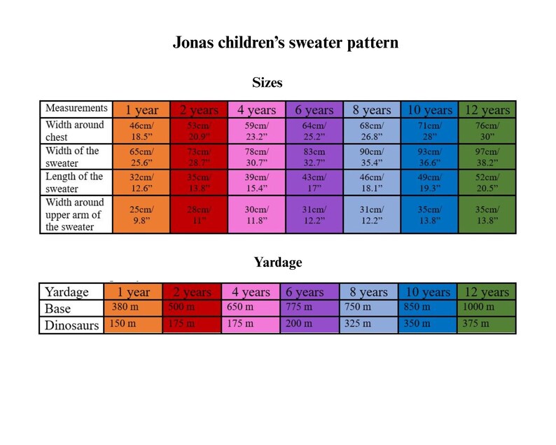 May include: A chart titled "Jonas children's sweater pattern" with size and yardage information. Measurements are provided for chest width (18.5" to 30"), sweater width (25.6" to 38.2"), sweater length (12.6" to 20.5"), and upper arm width (9.8" to 13.8"). Yardage for base and dinosaur patterns is also included.
