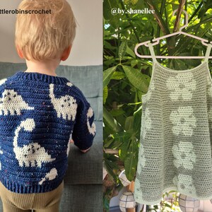 May include: A navy blue crochet sweater with white dinosaur designs. The sweater has long sleeves and a round neckline. The second image shows a light green crochet tank top with flower designs. The tank top is hanging on a pink hanger.