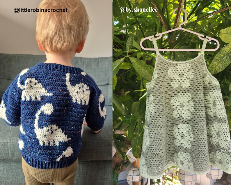 May include: A navy blue crochet sweater with white dinosaur designs. The sweater has long sleeves and a round neckline. The second image shows a light green crochet tank top with flower designs. The tank top is hanging on a pink hanger.