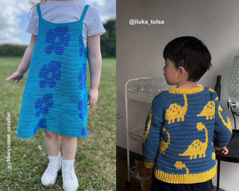 May include: A turquoise crochet dress with blue floral designs. The dress has a simple, sleeveless design with shoulder straps. The child is wearing white sneakers. The dress is handmade and suitable for children.