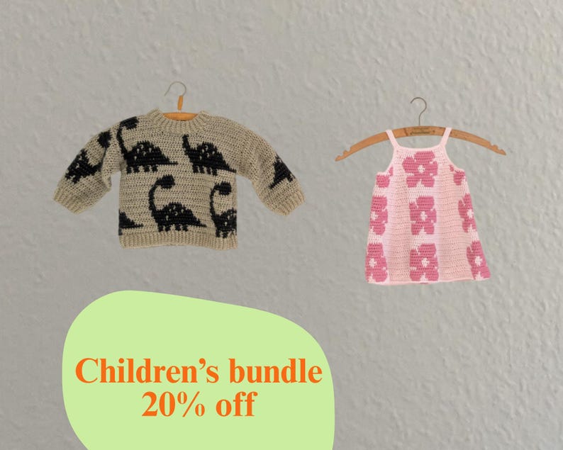 May include: A children's bundle featuring a beige sweater with black dinosaur silhouettes and a pink floral dress. The items are displayed on wooden hangers against a neutral background. The image includes the text "Children's bundle 20% off".