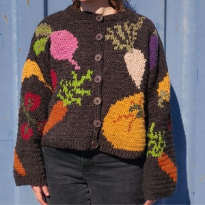 May include: A dark brown crochet cardigan featuring a colourful vegetable pattern including carrots, beets, and squash. The garment has a round neckline, long sleeves, and a front button closure with seven dark brown buttons arranged vertically.