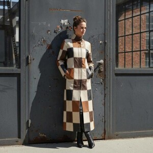 Patchwork Leather Coat, Cream Tan Brown Black Panels, Full-Length Stand Collar Outerwear
