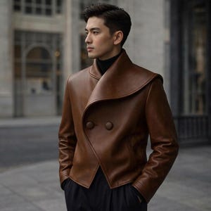 Könnte beinhalten: Eine braune Lederjacke mit einem breiten, umgeschlagenen Schalkragen, langen Ärmeln und einer zweireihigen Vorderseite mit zwei großen, passenden braunen runden Knöpfen. Die Jacke wird über einem schwarzen Rollkragenpullover und einer schwarzen Hose getragen.