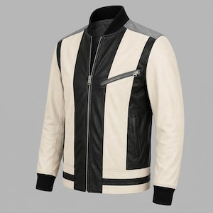 Leather Bomber Coat, Mens Black Cream Color Block Jacket, Retro Varsity Style, Streetwear Motorcycle Gift, Christmas Present