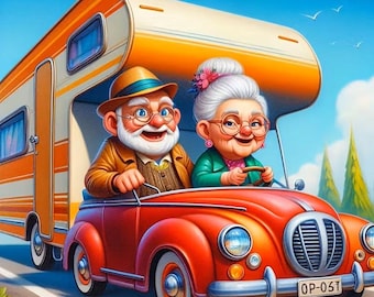 Kit per diamond painting con motivo "Anziana e anziano in un camper"