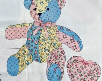 Teddy Bear Calico Patchwork Fabric Panel Cut & Sew Blue Pink Yellow