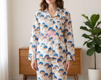 Blue Mushroom Pajama Set for Women, Printed Cotton Nightwear,