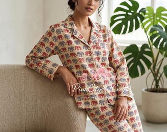Conjunto de pijama de algodón con estampado de elefante: pijama de manga larga