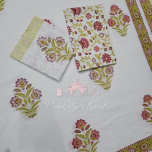 Hand Block Printed Cotton Bed Sheet: Ivory Pink Floral, Green Border