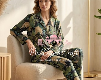 Conjunto de pijama de algodón con estampado mogol - Ropa de dormir con arquitectura tropical - Pijamas de lujo para mujer