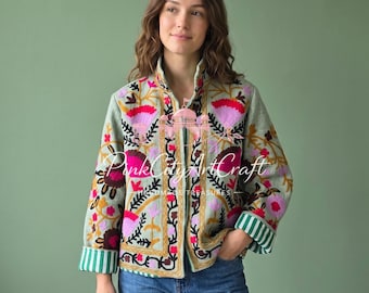 Sage Green Cotton TNT Suzani Jacket, Multicolor Floral Embroidery, Boho Style