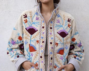 Boho Floral Embroidered Velvet Jacket, Handmade Suzani Coat