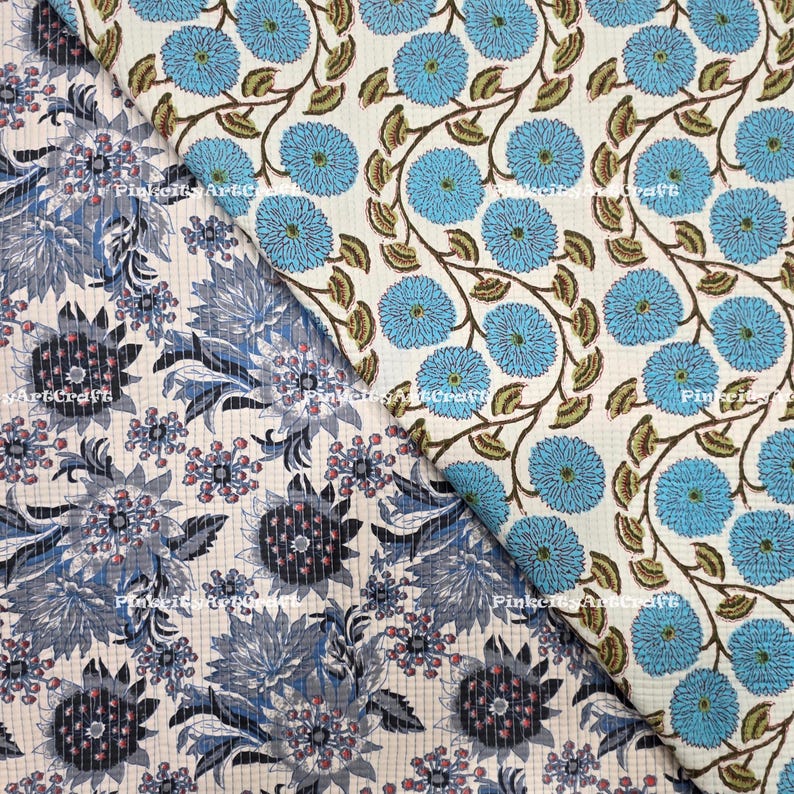 Block Fabric Pattern Hand Block Print Cotton Fabric | Reversible Floral Kantha Quilt ...