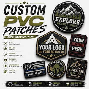 May include: A collection of custom PVC patches in various shapes and designs, including mountain landscapes, a tactical helmet, and an American flag. The text includes "EXPLORE WITHOUT LIMITS," "YOUR LOGO," "YOUR DESIGN HERE," "BACK THE BLUE," and "ADVENTURE IS CALLING."
