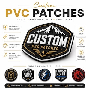 Puede incluir: Parches de PVC personalizados con diseño 2D/3D, calidad premium y duraderos. Características: impermeables, material de PVC duradero, colores vibrantes y múltiples opciones de respaldo. La imagen muestra ejemplos de diseños personalizados.