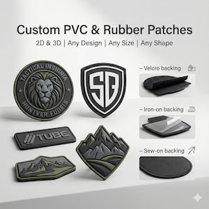 May include: A selection of custom PVC and rubber patches, showcasing different shapes and designs. Patches include a lion emblem, a shield with "SD", a rectangular patch with "TUBE", and mountain designs. Backing options include Velcro, iron-on, and sew-on.