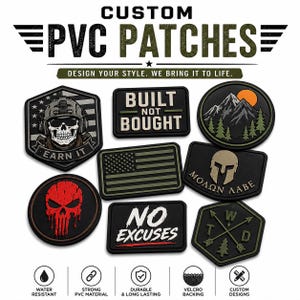 May include: A selection of custom PVC patches in different shapes, with military and outdoor themes. Designs include a skull with a helmet, an American flag, mountain scenery, and the phrases "Built Not Bought" and "No Excuses".